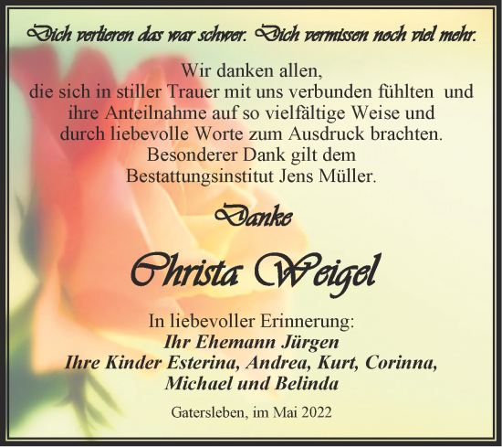 Traueranzeige von Christa Weigel von Trauerkombi Aschersleben