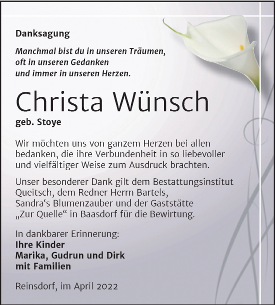 Traueranzeige von Christa Wünsch von Trauerkombi Köthen