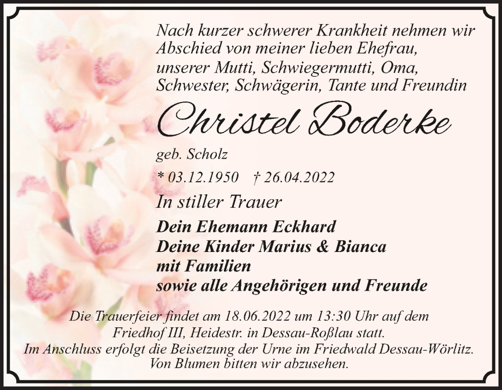  Traueranzeige für Christel Boderke vom 07.05.2022 aus Trauerkombi Dessau
