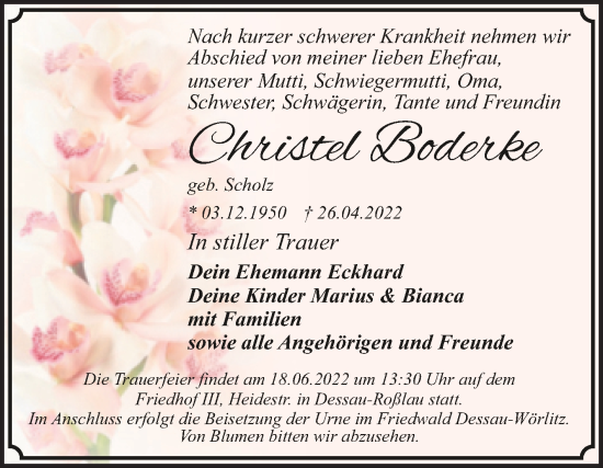 Traueranzeige von Christel Boderke von Trauerkombi Dessau