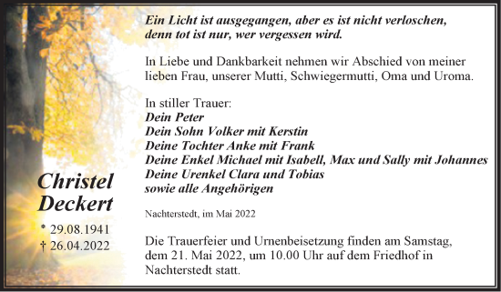 Traueranzeige von Christel Deckert von Trauerkombi Aschersleben