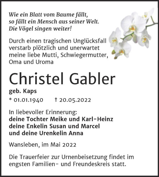 Traueranzeige von Christel Gabler von Trauerkombi Mansfelder Land