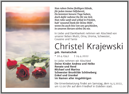 Traueranzeige von Christel Krajewski von Trauerkombi Mansfelder Land