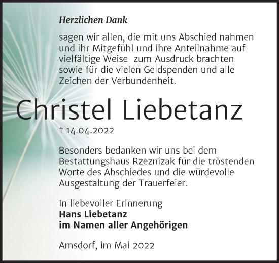Traueranzeige von Christel Liebetanz von Trauerkombi Mansfelder Land