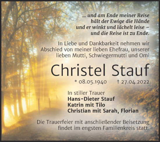 Traueranzeige von Christel Stauf von Trauerkombi Dessau