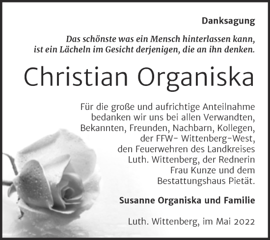 Traueranzeige von Christian Organiska von Trauerkombi Wittenberg