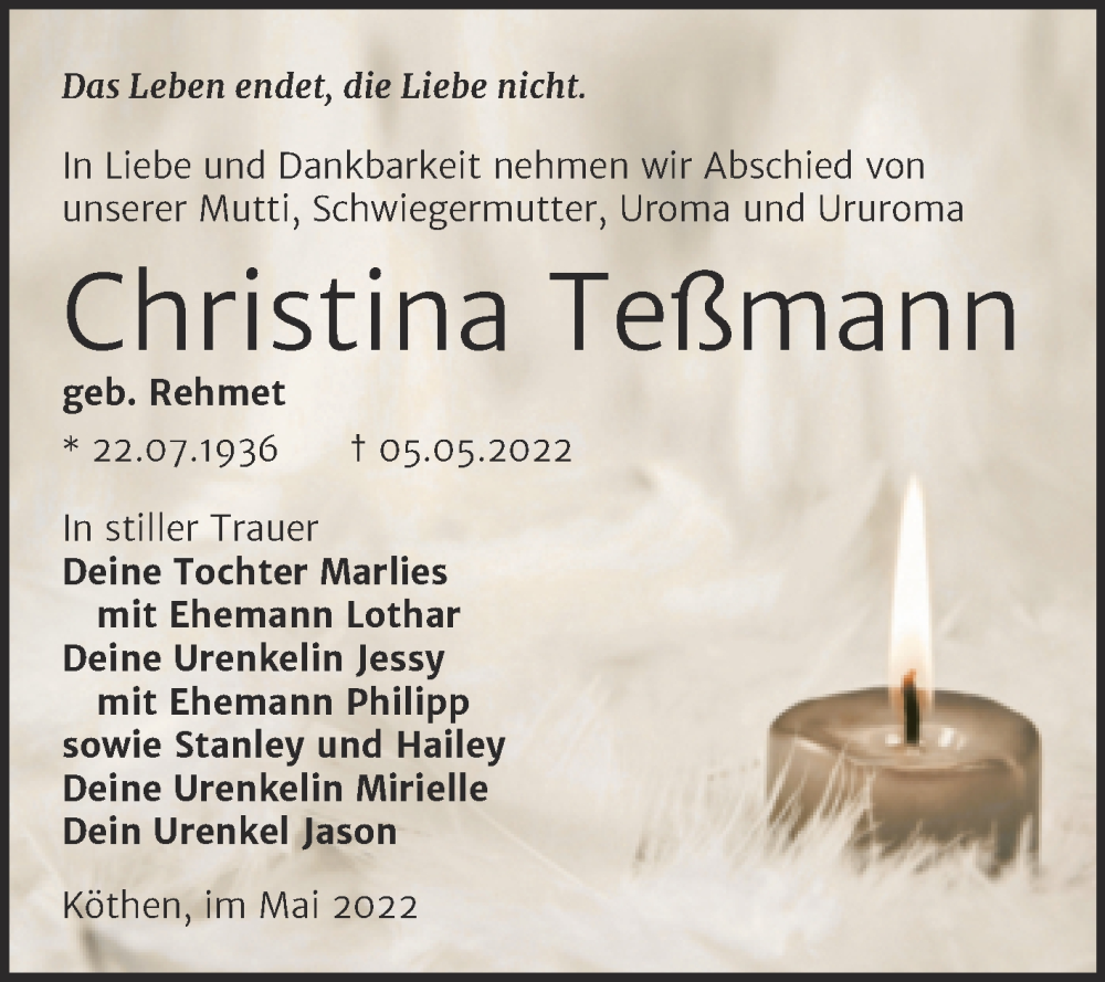  Traueranzeige für Christina Teßmann vom 11.05.2022 aus Mitteldeutsche Zeitung Köthen