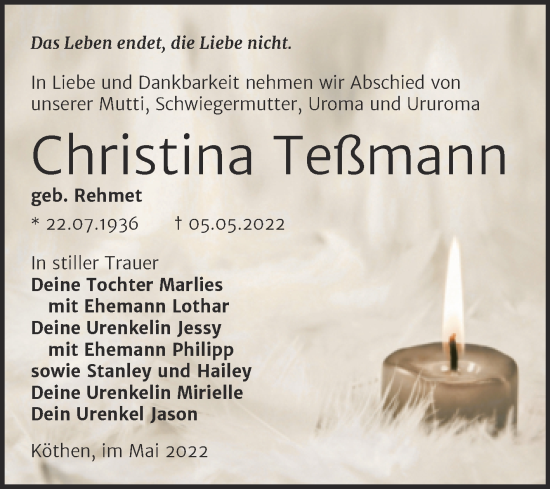 Traueranzeige von Christina Teßmann von Mitteldeutsche Zeitung Köthen