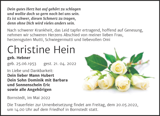 Traueranzeige von Christine Hein von Trauerkombi Mansfelder Land
