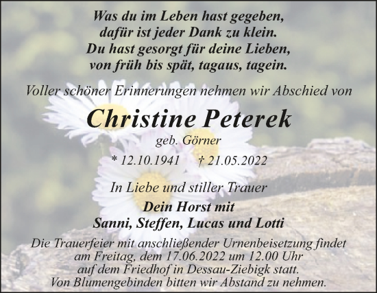 Traueranzeige von Christine Peterek von Trauerkombi Dessau