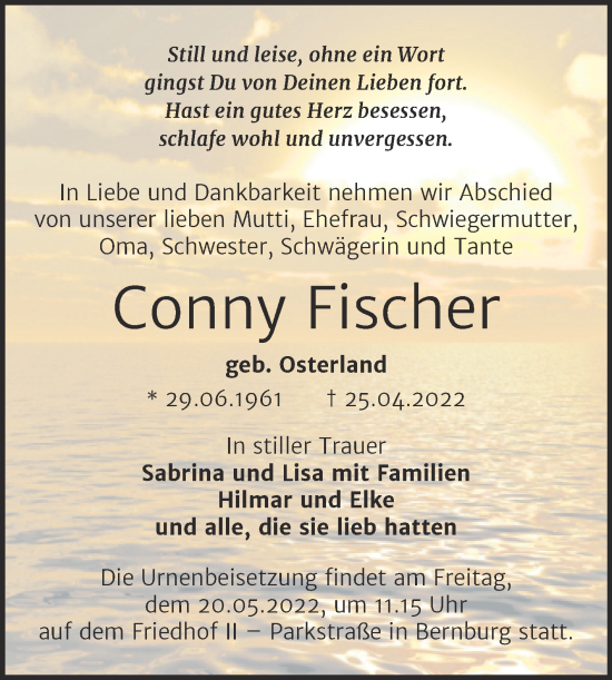 Traueranzeige von Conny Fischer von Trauerkombi Aschersleben
