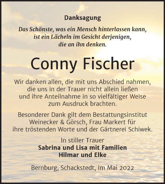 Traueranzeige von Conny Fischer von Trauerkombi Aschersleben