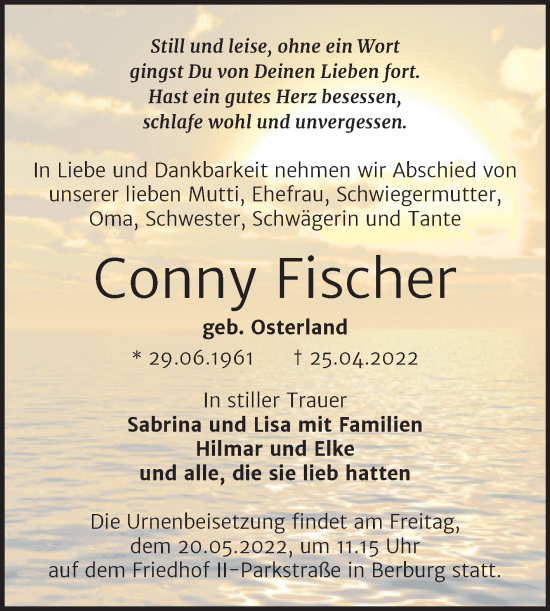 Traueranzeige von Conny Fischer von Trauerkombi Bernburg