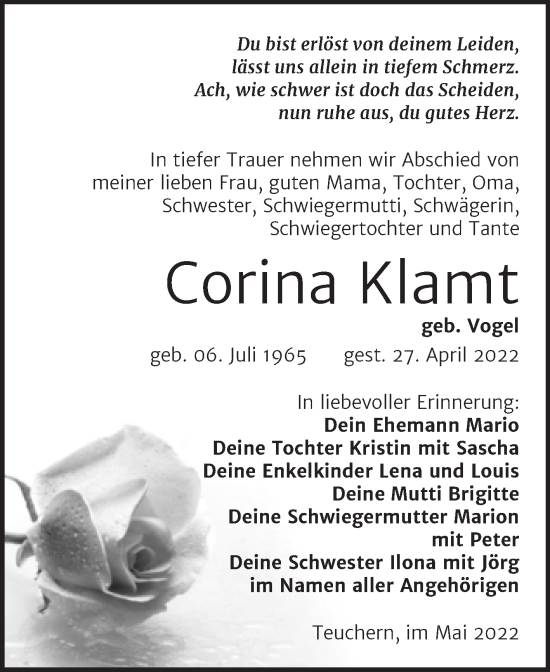 Traueranzeige von Corina Klamt von Trauerkombi Weißenfels
