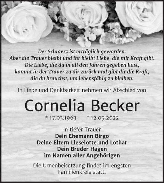 Traueranzeige von Cornelia Becker von Trauerkombi Bitterfeld