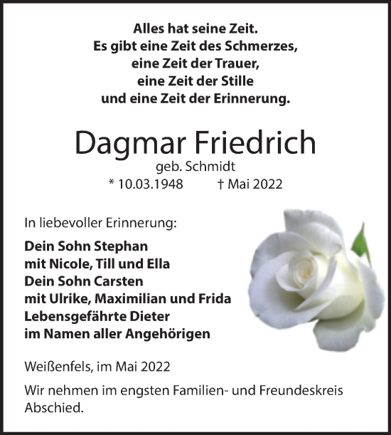 Traueranzeige von Dagmar Friedrich von Trauerkombi Weißenfels