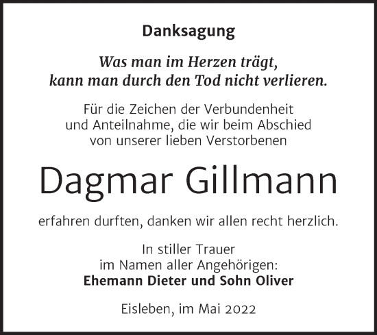 Traueranzeige von Dagmar Gillmann von Trauerkombi Mansfelder Land