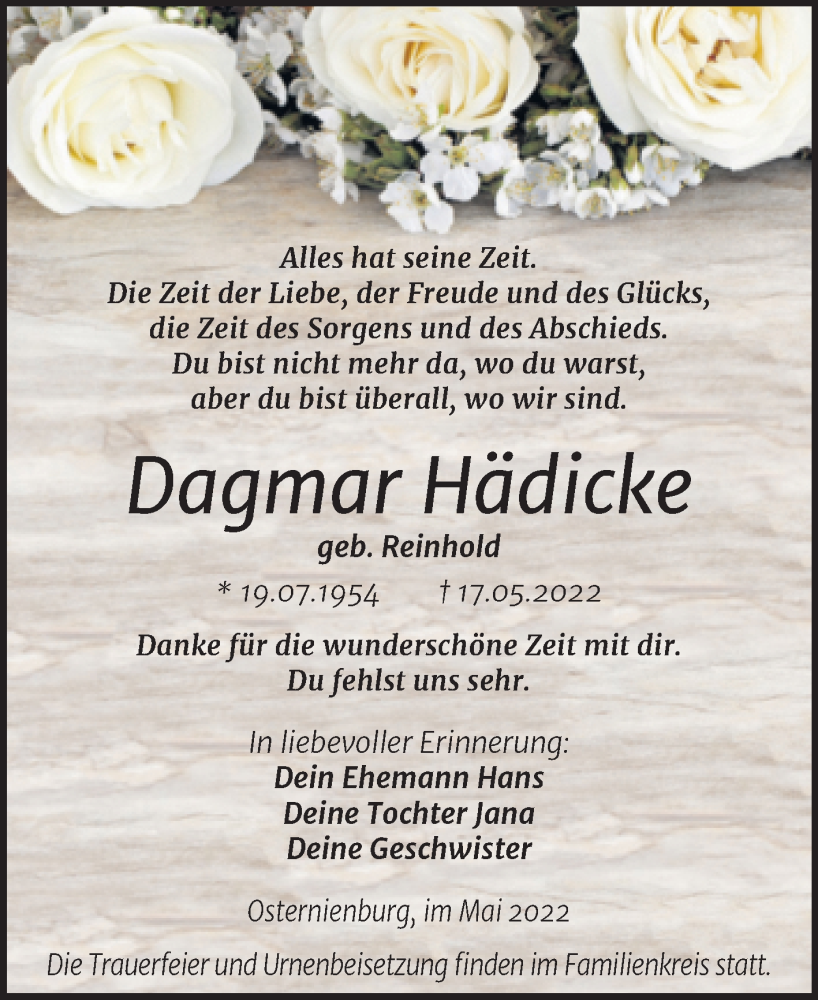  Traueranzeige für Dagmar Hädicke vom 21.05.2022 aus Trauerkombi Köthen