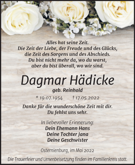Traueranzeige von Dagmar Hädicke von Trauerkombi Köthen