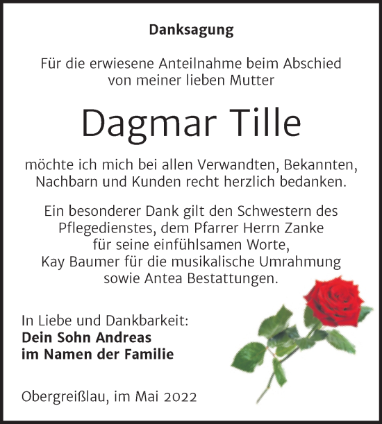 Traueranzeige von Dagmar Tille von Trauerkombi Weißenfels
