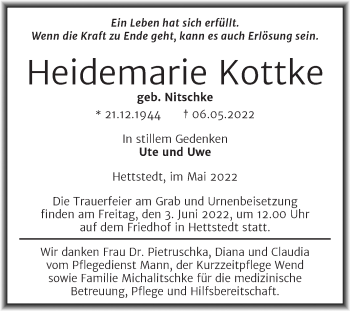 Traueranzeige von Heidemarie Kottke von Trauerkombi Mansfelder Land