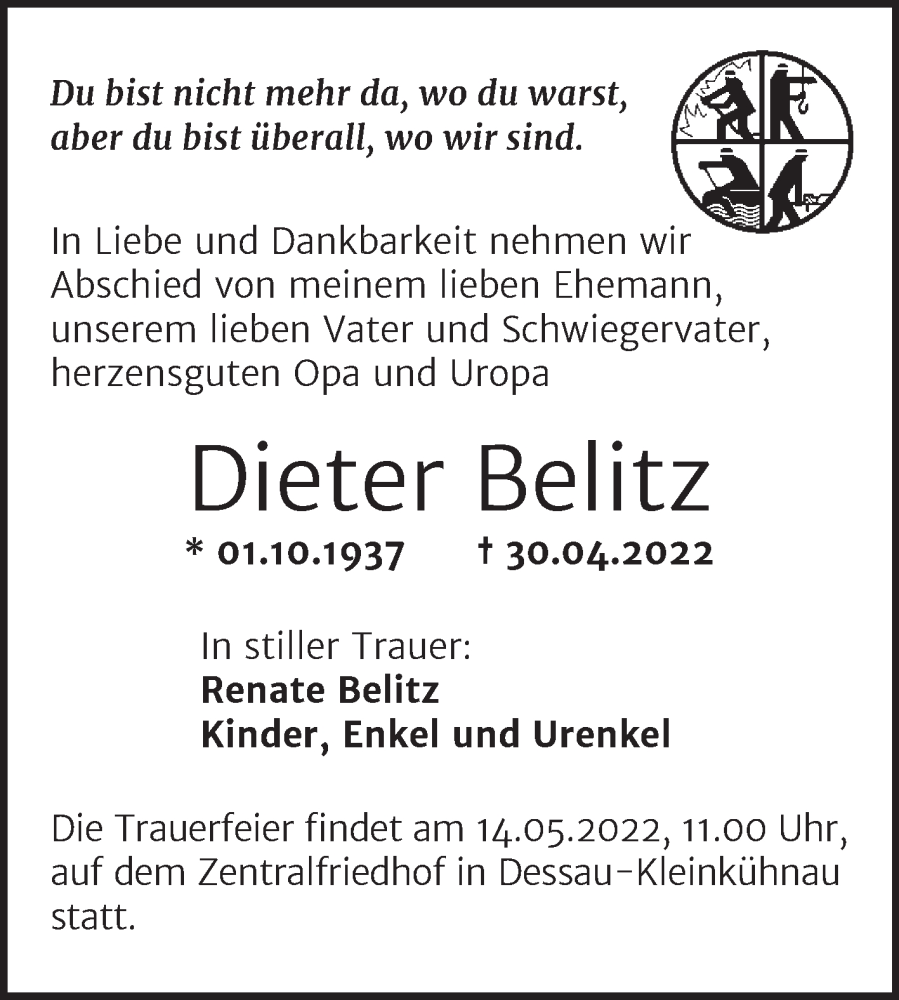  Traueranzeige für Dieter Belitz vom 07.05.2022 aus Trauerkombi Dessau