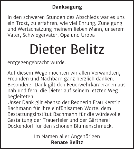 Traueranzeige von Dieter Belitz von Trauerkombi Dessau