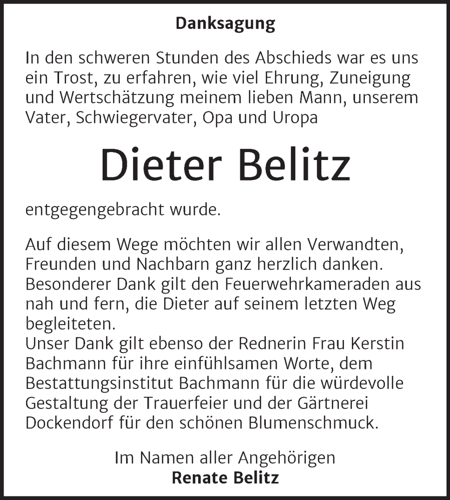  Traueranzeige für Dieter Belitz vom 21.05.2022 aus Trauerkombi Dessau