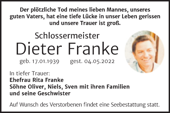 Traueranzeige von Dieter Franke von Mitteldeutsche Zeitung Halle/Saalkreis