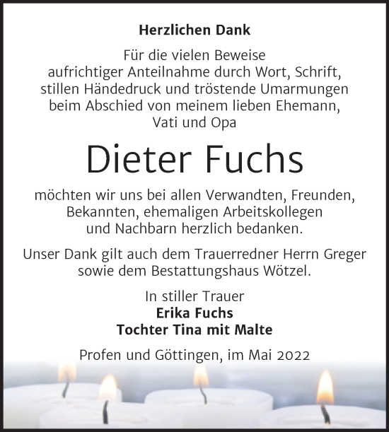 Traueranzeige von Dieter Fuchs von Trauerkombi Zeitz