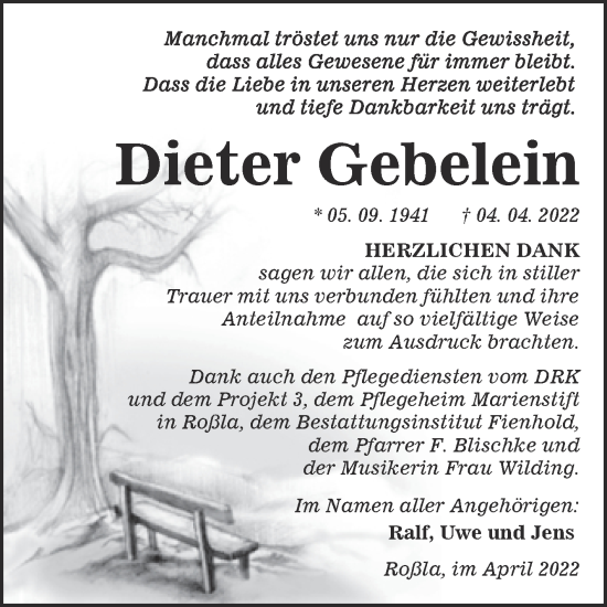 Traueranzeige von Dieter Gebelein von Trauerkombi Sangerhausen