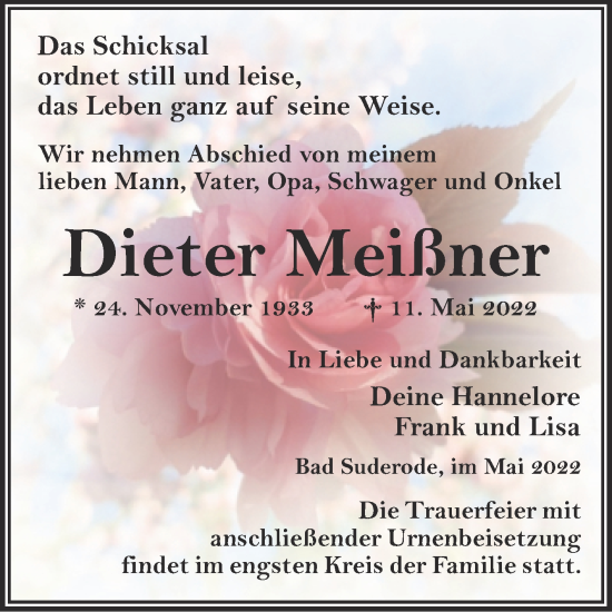 Traueranzeige von Dieter Meißner von Trauerkombi Quedlinburg