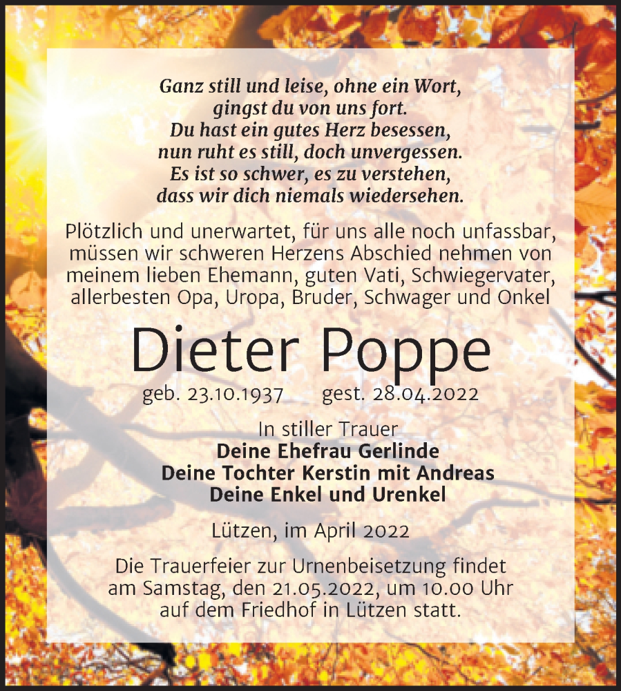  Traueranzeige für Dieter Poppe vom 11.05.2022 aus Trauerkombi Weißenfels
