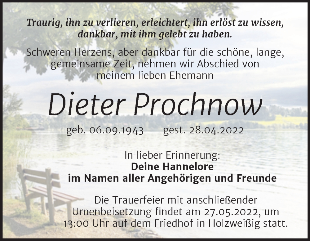  Traueranzeige für Dieter Prochnow vom 21.05.2022 aus Trauerkombi Bitterfeld