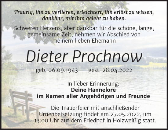 Traueranzeige von Dieter Prochnow von Trauerkombi Bitterfeld