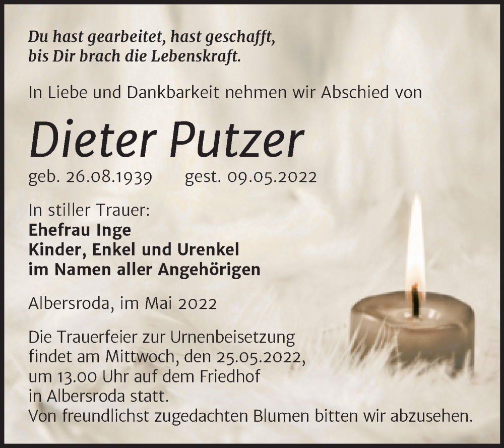  Traueranzeige für Dieter Putzer vom 14.05.2022 aus Trauerkombi Merseburg