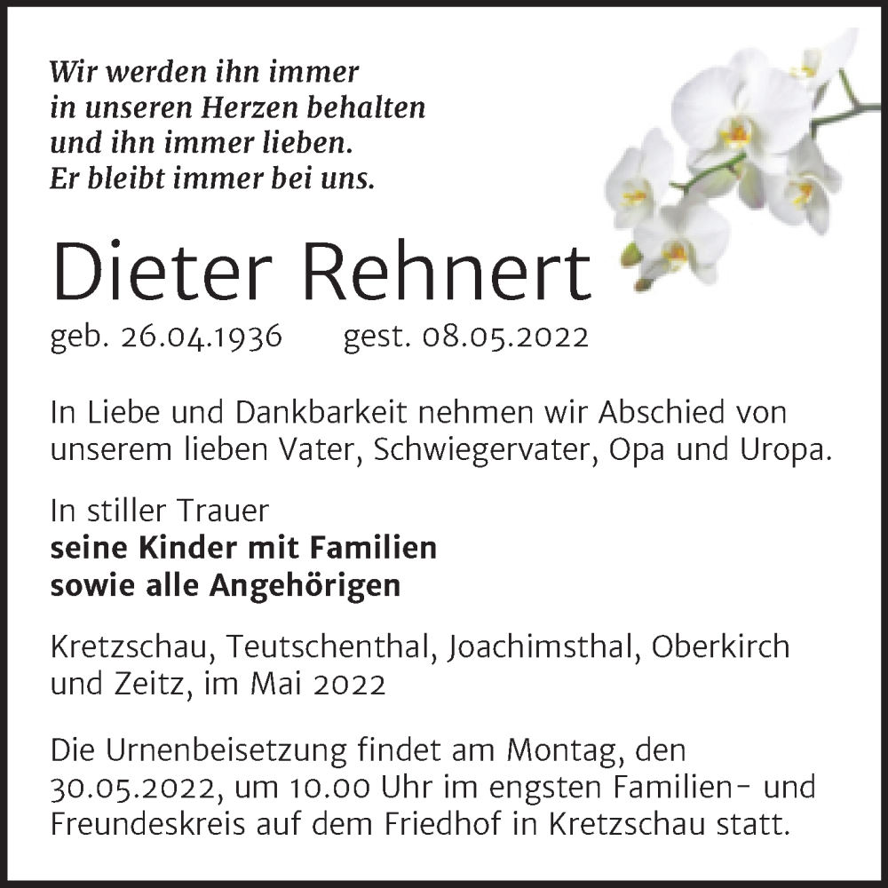  Traueranzeige für Dieter Rehnert vom 14.05.2022 aus Trauerkombi Zeitz