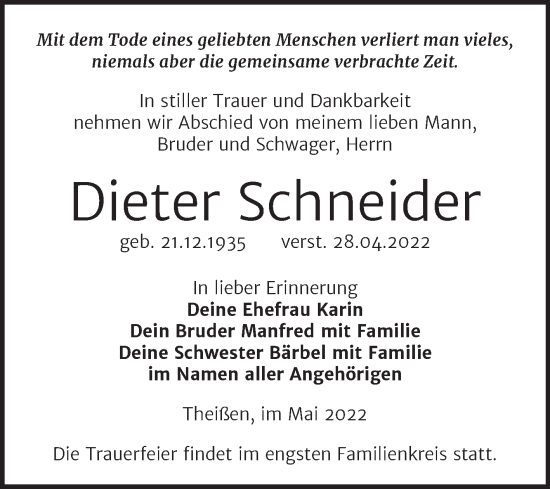 Traueranzeige von Dieter Schneider von Trauerkombi Zeitz