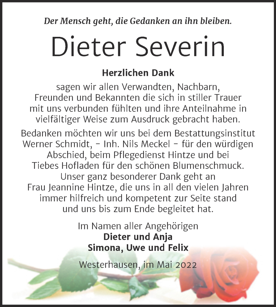  Traueranzeige für Dieter Severin vom 28.05.2022 aus Trauerkombi Quedlinburg