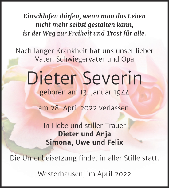 Traueranzeige von Dieter Severin von Trauerkombi Quedlinburg
