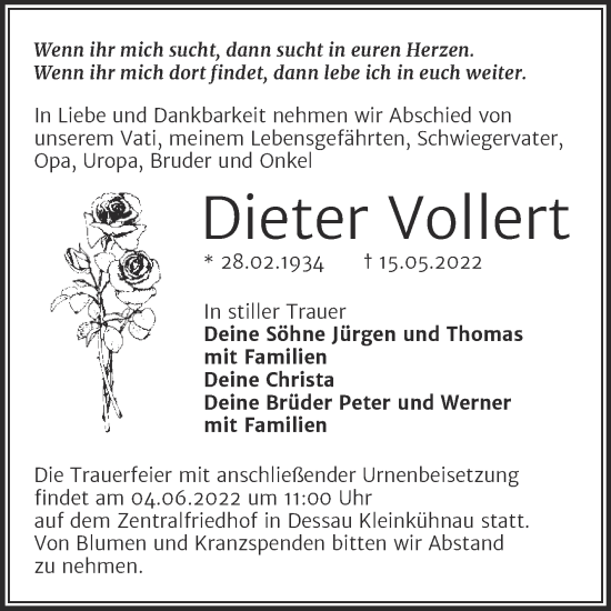 Traueranzeige von Dieter Vollert von Trauerkombi Dessau