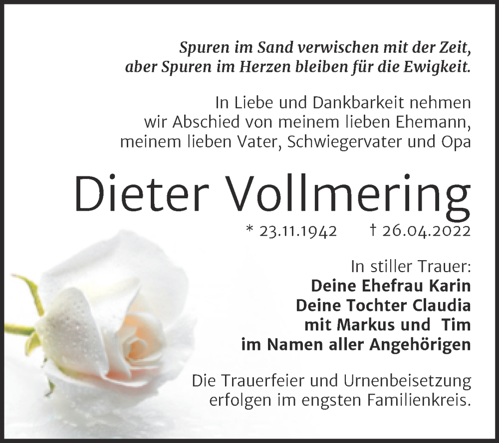  Traueranzeige für Dieter Vollmering vom 14.05.2022 aus Trauerkombi Bitterfeld
