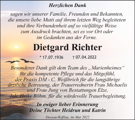 Traueranzeige von Dietgard Richter von Trauerkombi Dessau