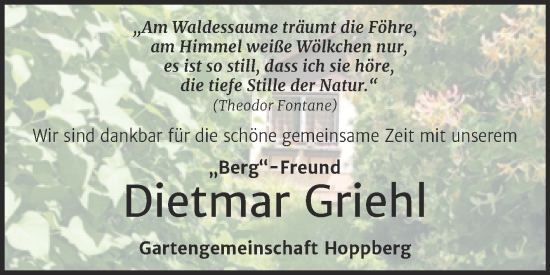 Traueranzeige von Dietmar Griehl von Mitteldeutsche Zeitung Halle/Saalkreis