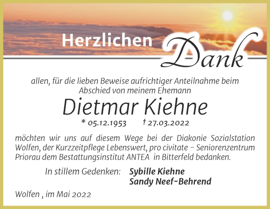 Traueranzeige von Dietmar Kiehne von Trauerkombi Bitterfeld