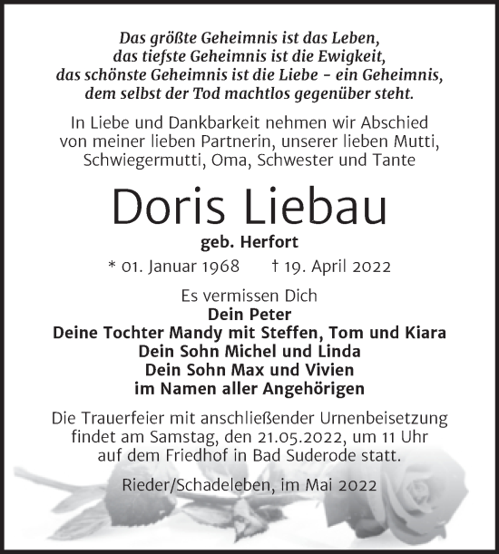 Traueranzeige von Doris Liebau von Trauerkombi Aschersleben