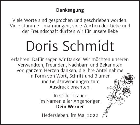 Traueranzeige von Doris Schmidt von Trauerkombi Quedlinburg