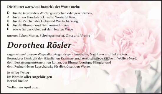 Traueranzeige von Dorothea Rösler von Trauerkombi Bitterfeld