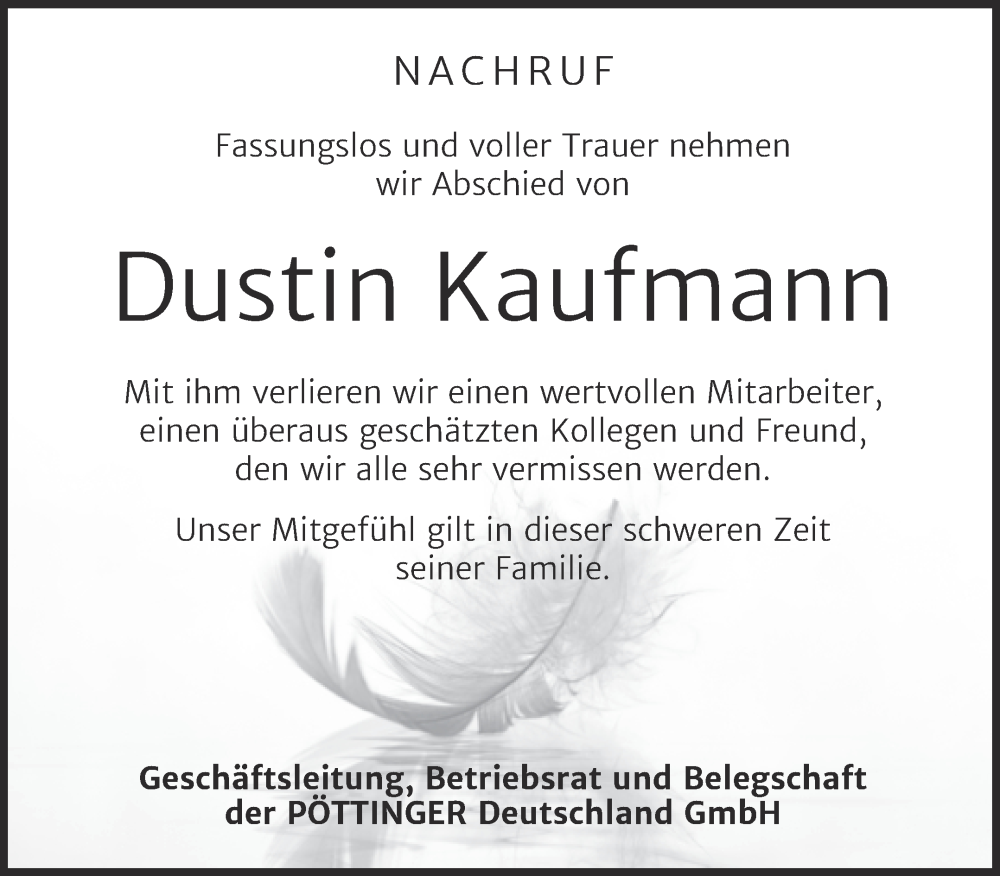  Traueranzeige für Dustin Kaufmann vom 21.05.2022 aus Mitteldeutsche Zeitung Bernburg