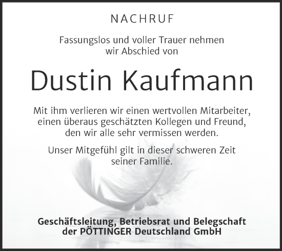 Traueranzeige von Dustin Kaufmann von Super Sonntag Bernburg